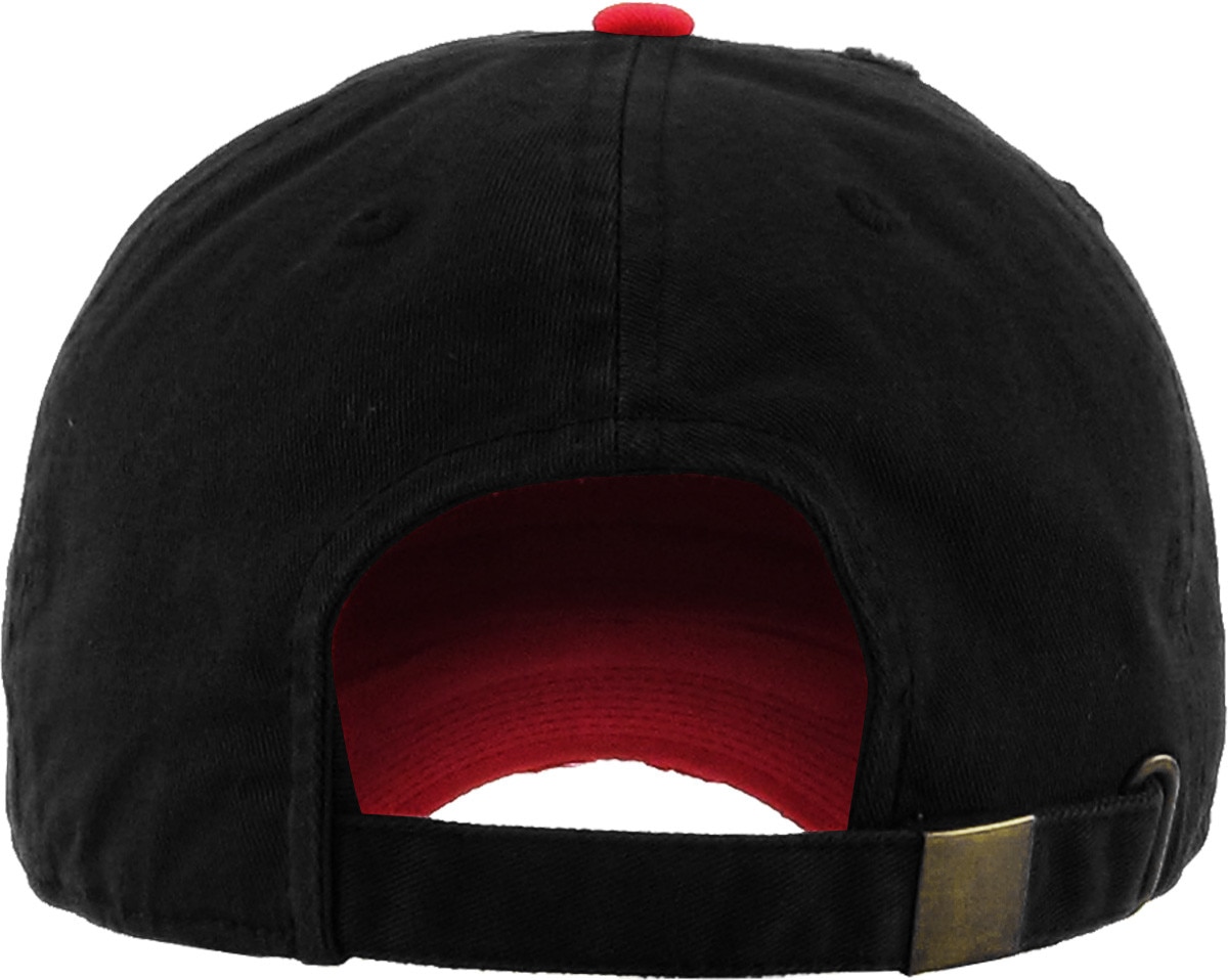 Black Red Two Tone Distressed Vintage Baseball Cap Back View